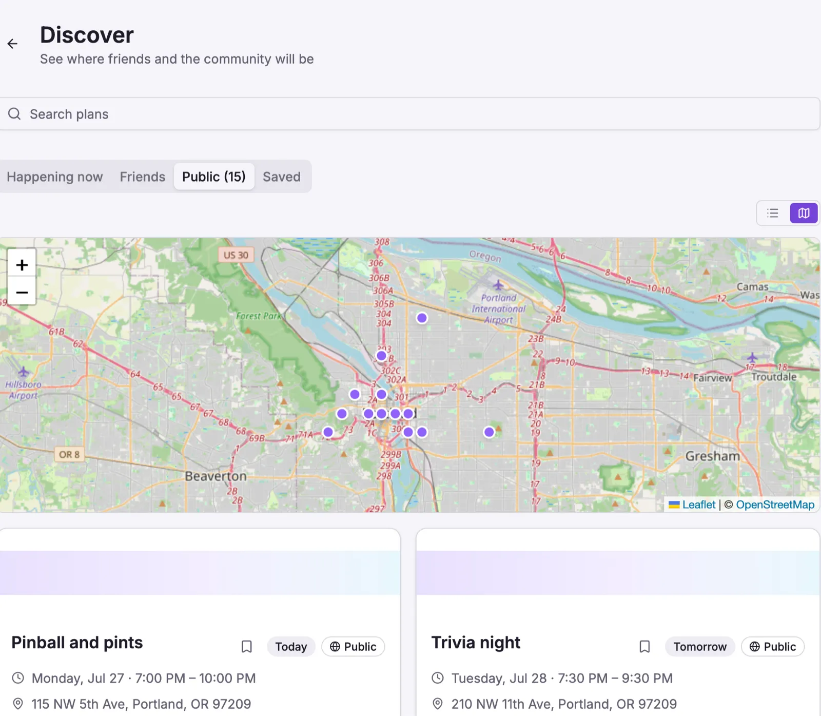 Ledge Space discover map showing friends' plans and places nearby